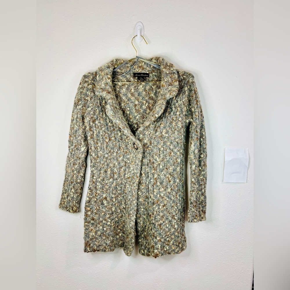 Marisa Christina Women’s Medium Knit Sweater Coat Button Front Cardigan Gray Tan